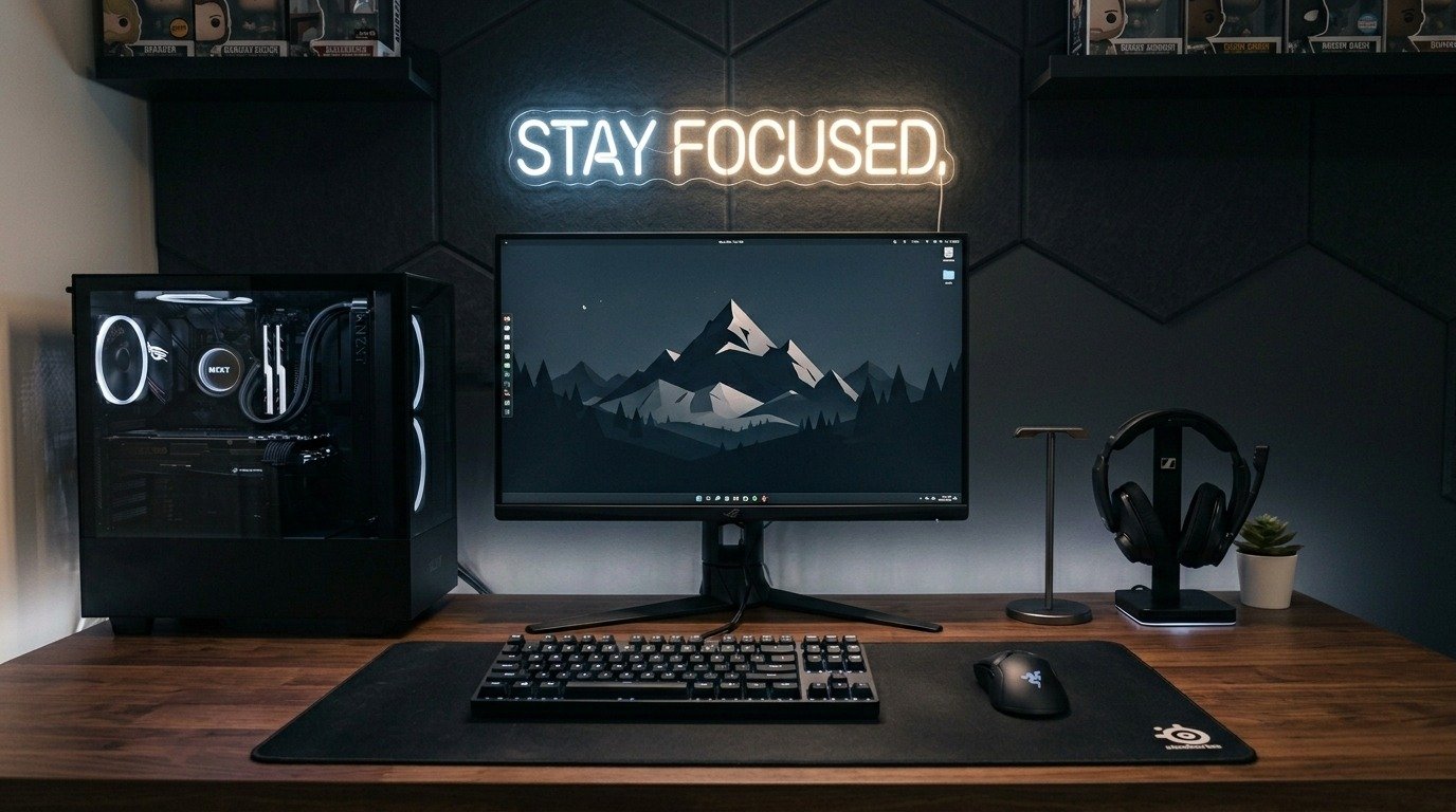 مكتب جيمنج منظم يوضح أفكار لتجهيز ركن ألعاب Gaming Setup بإمكانيات بسيطة