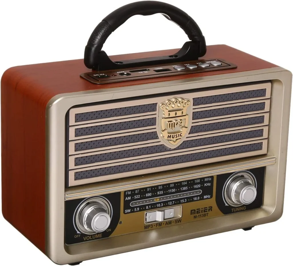 راديو كلاسيك بلوتوث محمول M-113BT بتصميم قديم راديو كلاسيكي يدعم AM FM SW مع USB وSD راديو بلوتوث محمول بصوت واضح وبطارية قابلة للشحن راديو ديكور كلاسيك مع ريموت كنترول