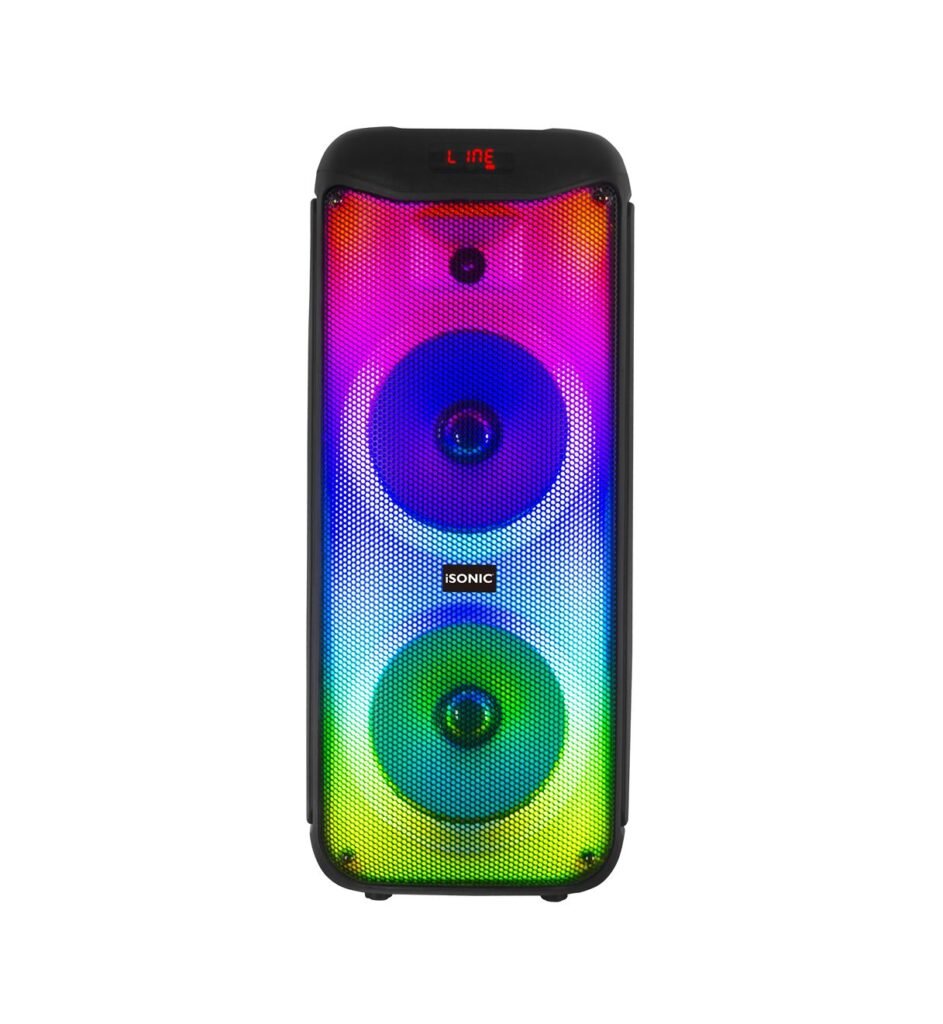 سماعة iSONIC سوداء كبيرة مع إضاءة RGB ملونة وشاشة LED رقمية
