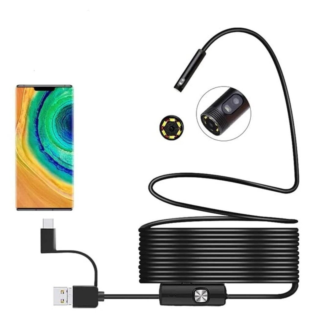 كاميرا فحص المنظار (Endoscope) 3 في 1 سلكية سوداء طويلة متصلة بهاتف ذكي وتظهر إضاءة LED دائرية بذكاء وبامتياز