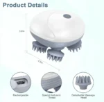 جهاز تدليك فروة الرأس الذكي بلون أبيض وتصميم انسيابي مع رؤوس تدليك سيليكون وكابل شحن USB بذكاء وبامتياز.