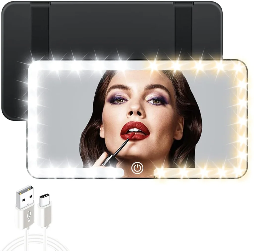 مرآة مكياج للسيارة LED – قابلة للشحن عبر USB وتثبيت على حاجب الشمس بذكاء وبامتياز