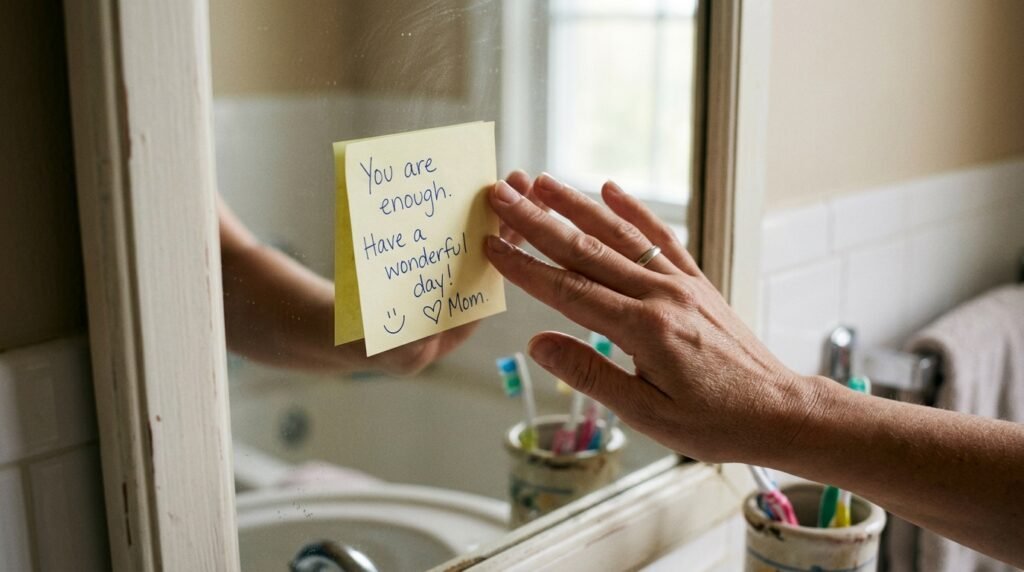 Hand placing sticker on mirror 202605041423